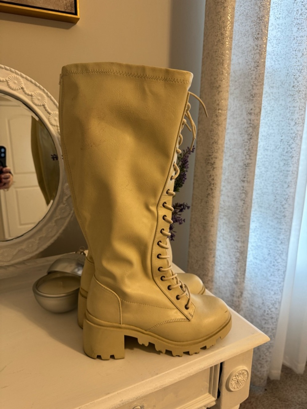 Cream Lace-Up Knee Boots with Plaid Sweater Dress - Picture 7 of 7